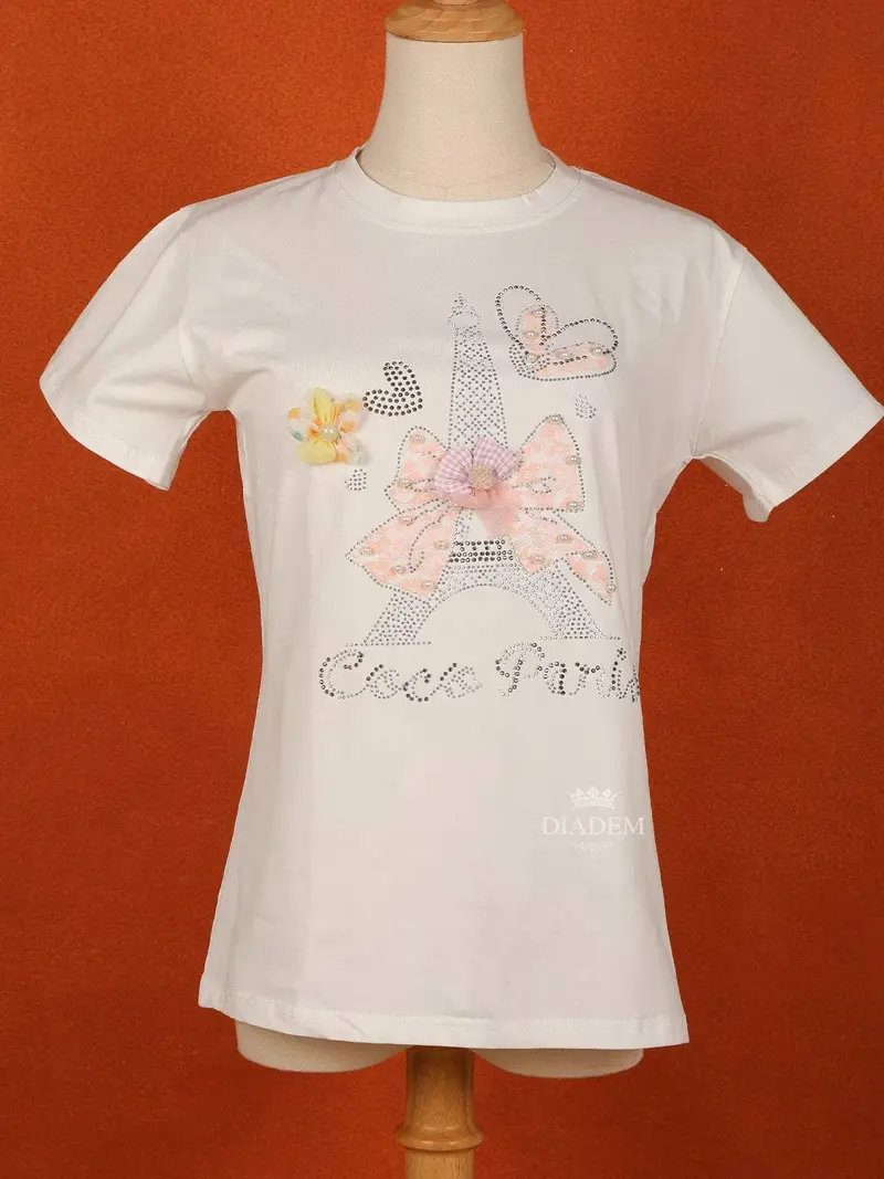 White Cotton Half Sleeve T-Shirt For Girls 1