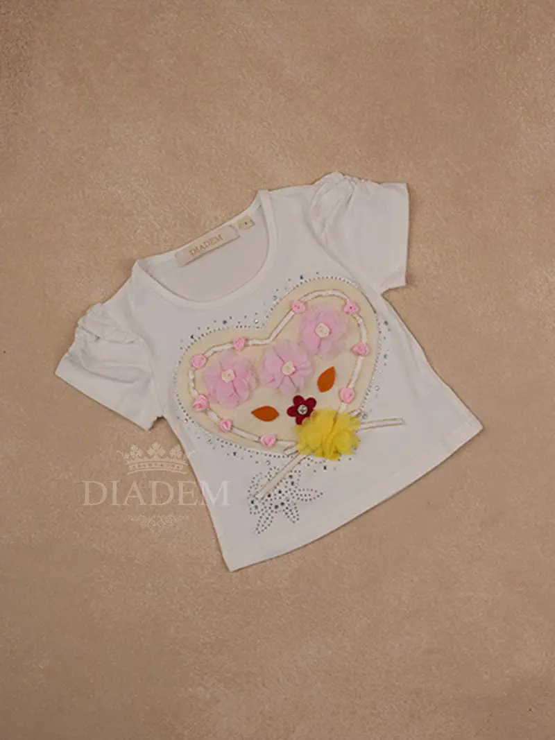 White Cotton Half Sleeve T-Shirt With 3D Floral And Heart Patch Designs For Girls 1