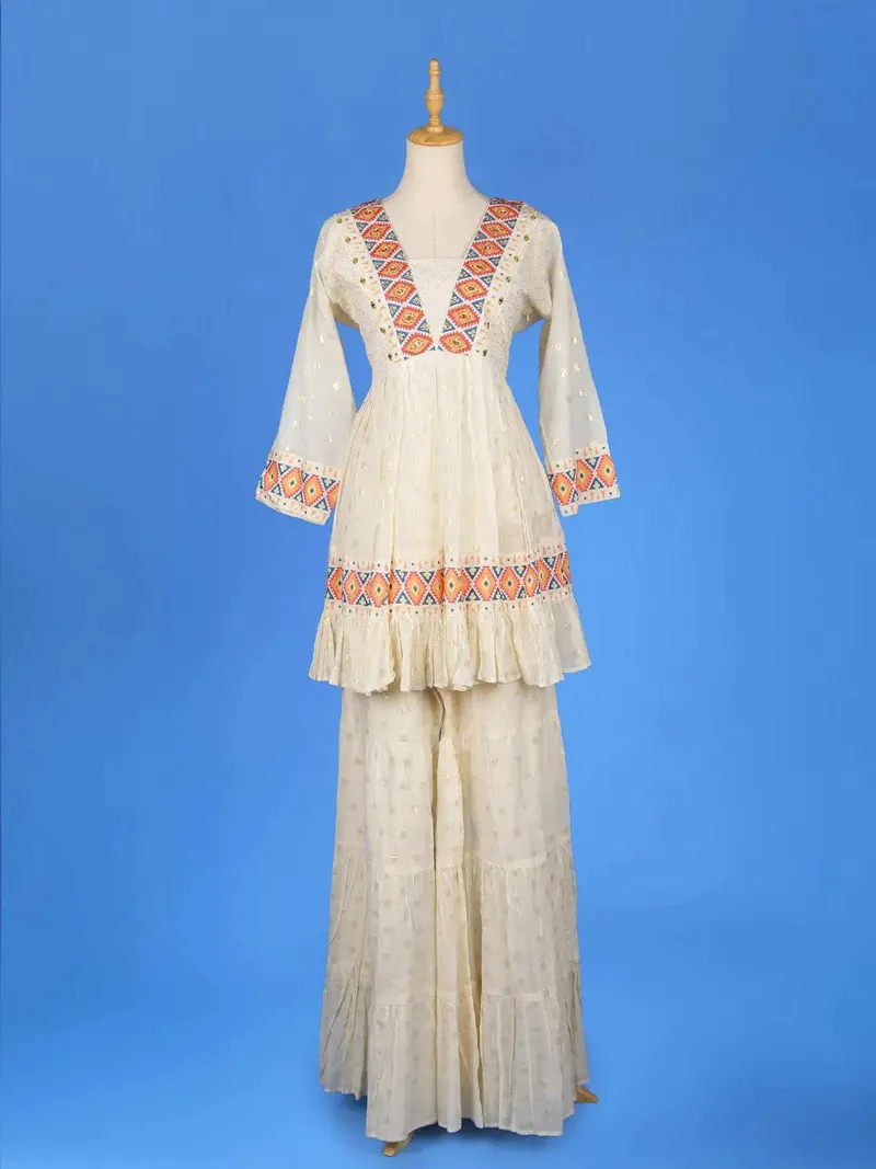 White Cotton Sharara Salwar Suit Adorned With Floral Printed Designs, With 3/4 Sleeve 1