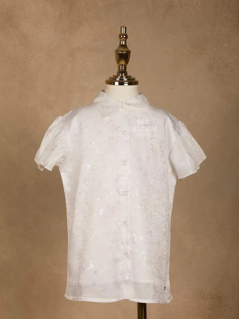 White Cotton Shirt Adorned With Sequins And Floral Designs 1