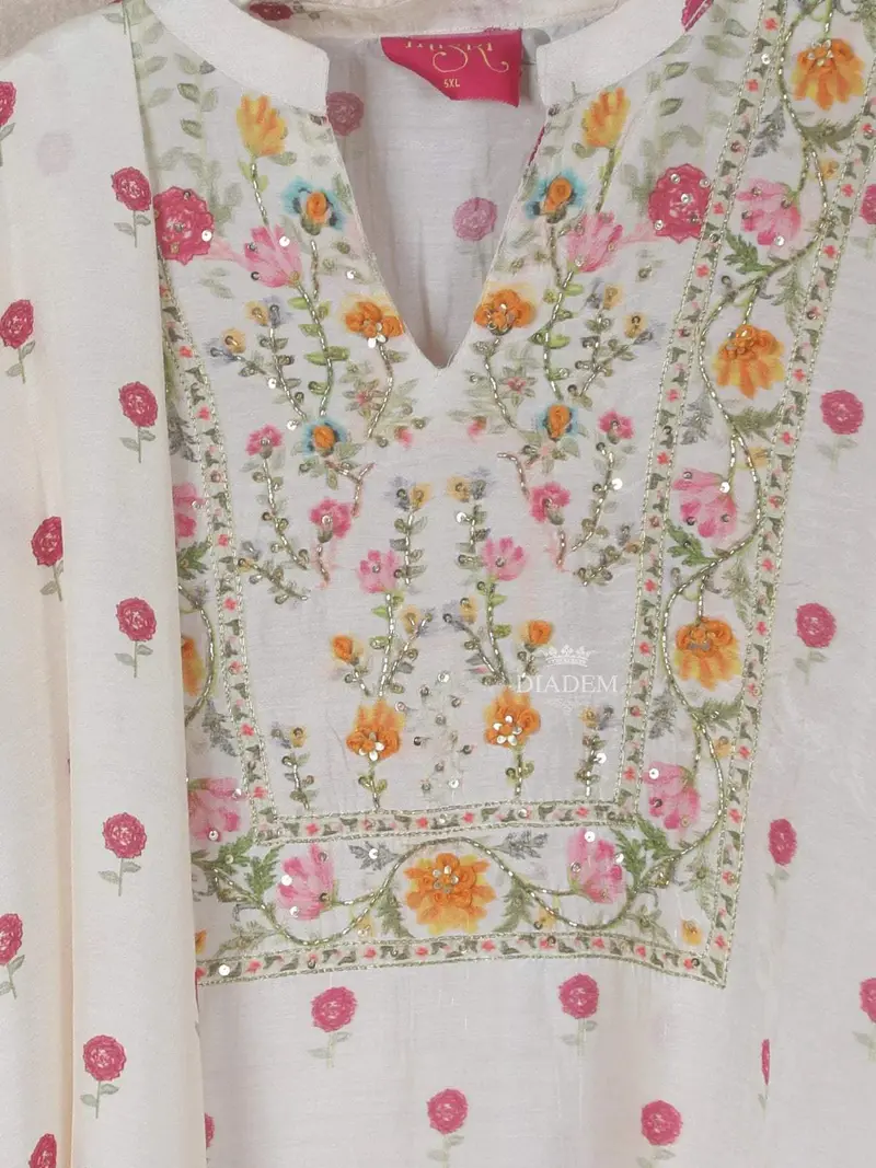 White Crepe Straight Cut Salwar Suit For Women Adorned With Sequins And Floral Prints Paired With Dupatta 2