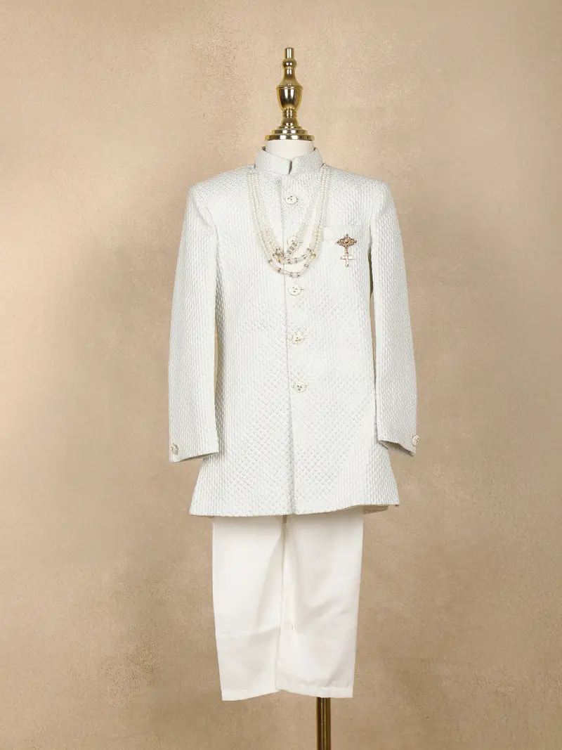 White Diamond Design Kids Semi Silk Sherwani Set With Pearl Brooch Accessory 1