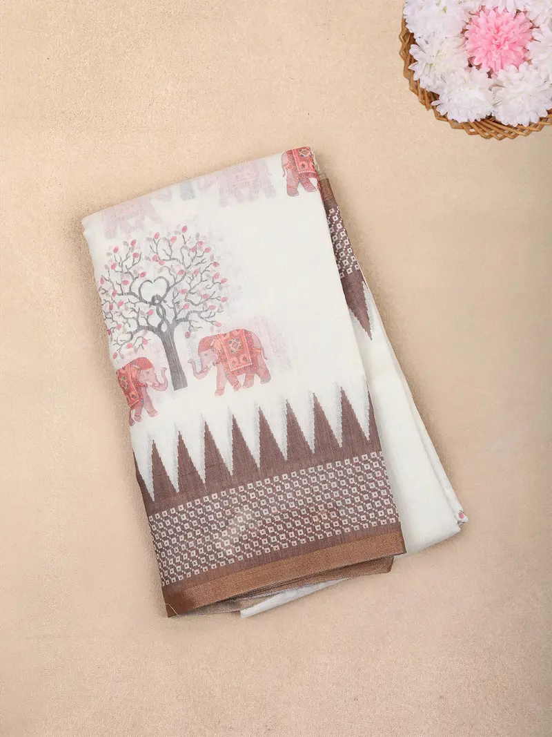 White Elephant Printed Linen Cotton Saree With Contrast Brown Border 1
