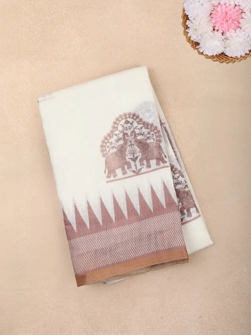 White Elephant Printed Linen Cotton Saree With Contrast Brown Border 1