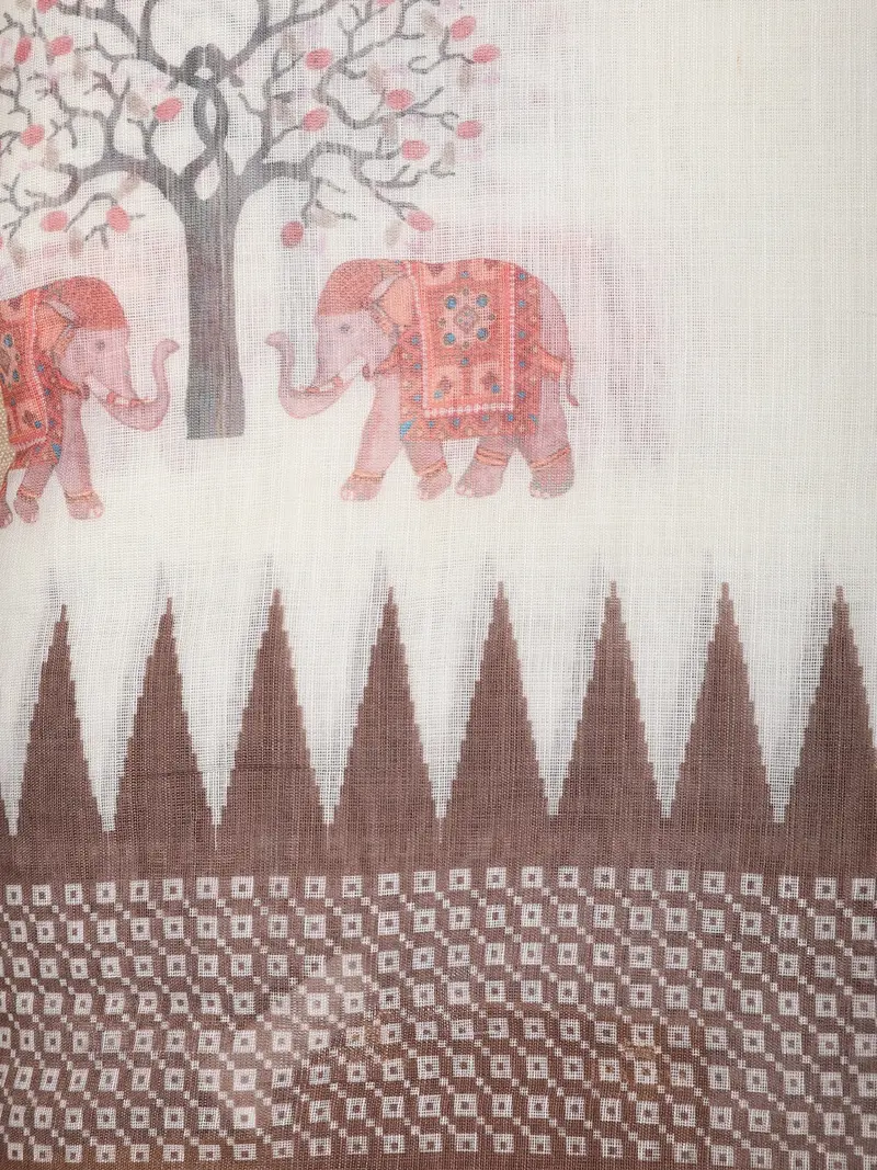 White Elephant Printed Linen Cotton Saree With Contrast Brown Border 2