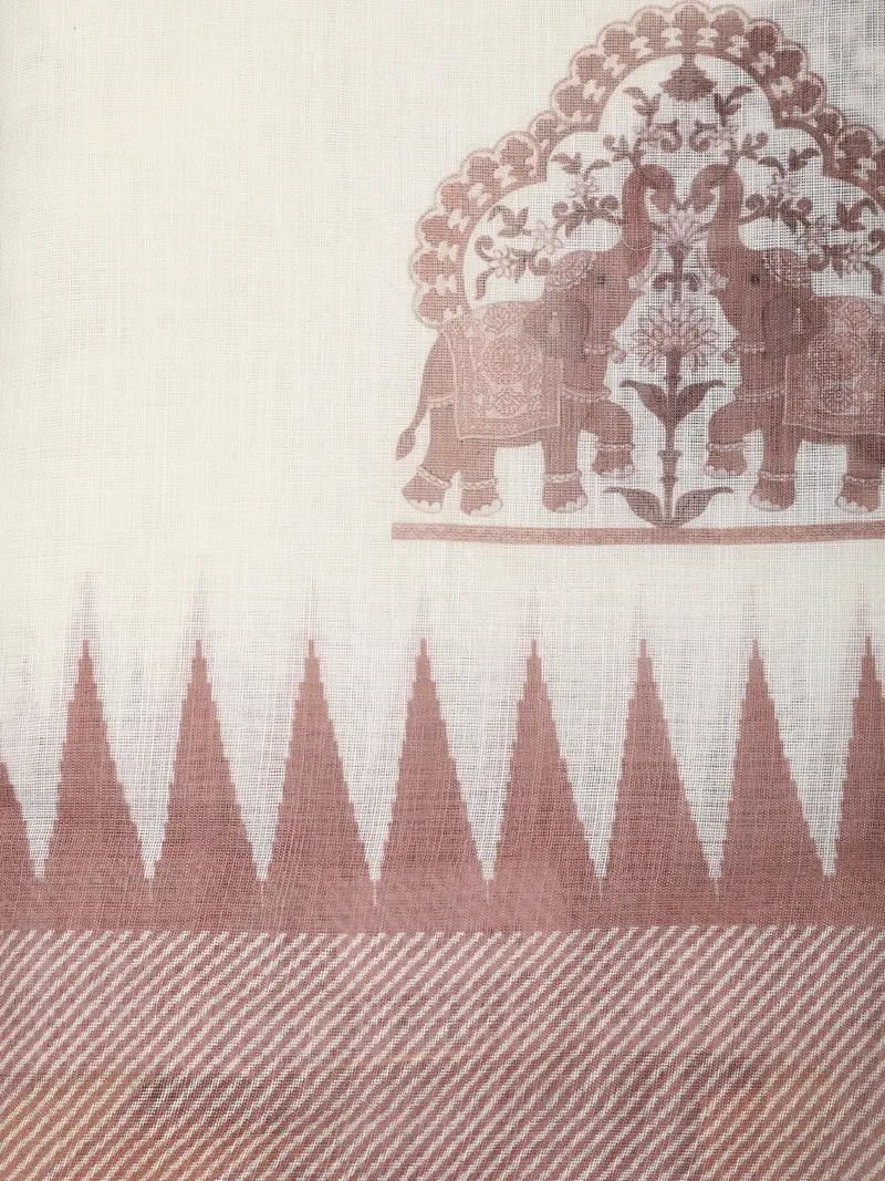White Elephant Printed Linen Cotton Saree With Contrast Brown Border 2