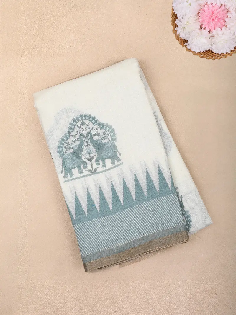 White Elephant Printed Linen Cotton Saree With Contrast Green Border 1