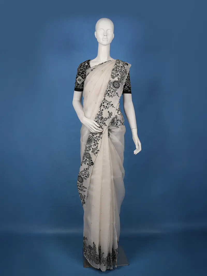 White Embroidered Design Organza Saree 1