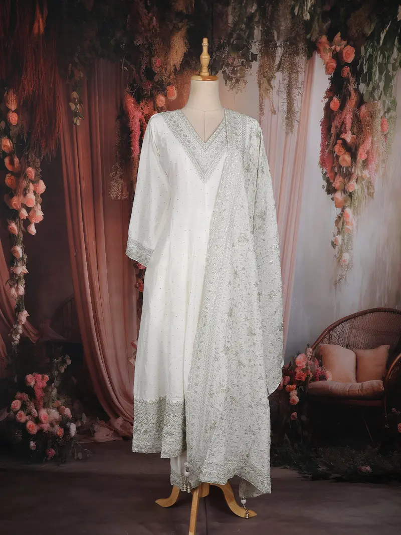 White Embroidered Georgette Anarkali Salwar Suit With Dupatta 1