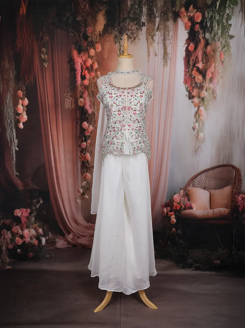 White Floral And Sequin Embroidered Georgette Palazzo Suit With Dupatta 1