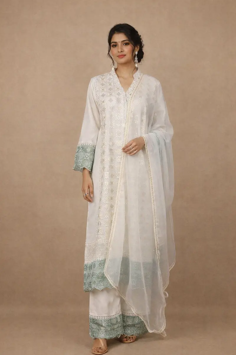 White Floral And Sequins Embroidered Cotton Straight Cut Salwar Suit 1