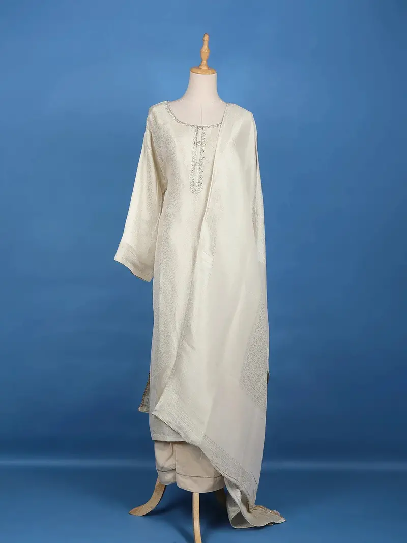 White Floral Design Banarasi Silk Straight Cut Salwar Suit 1