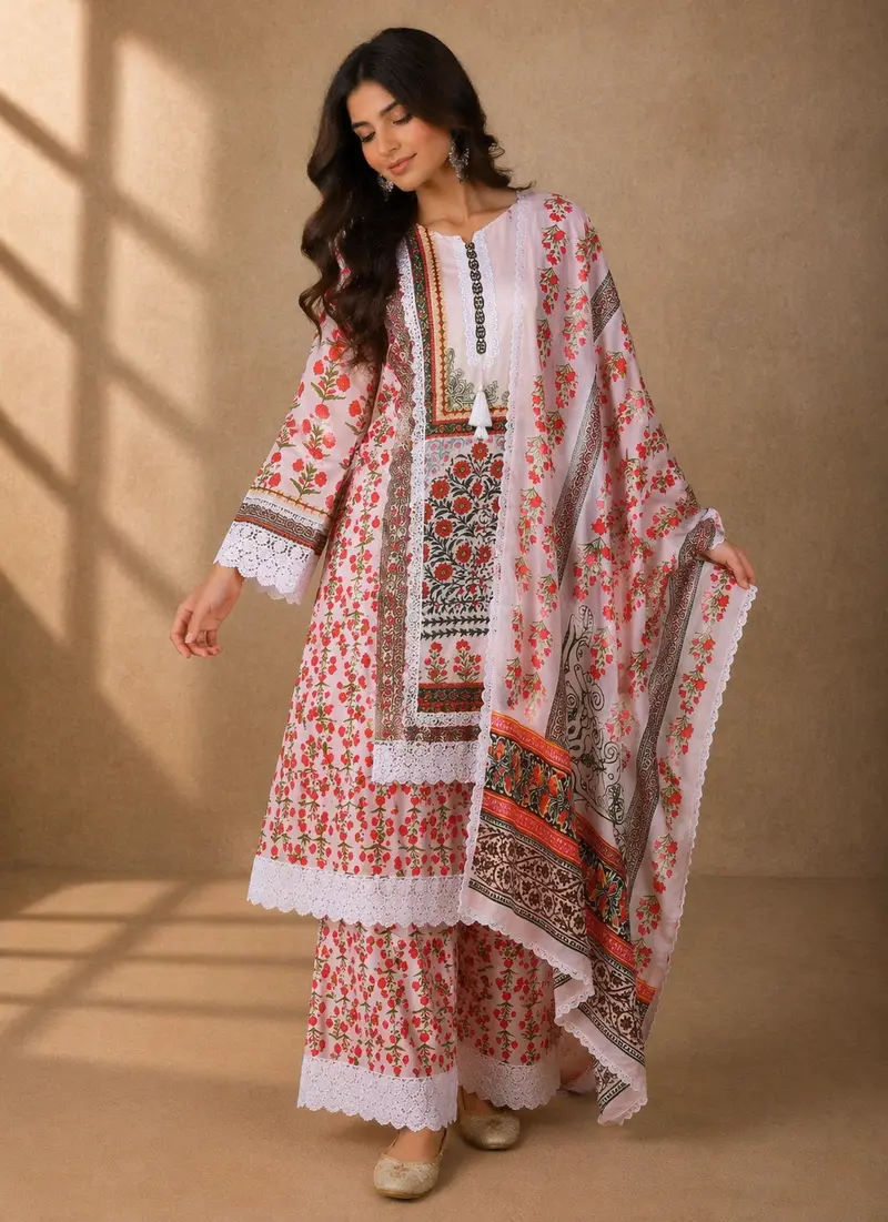 White Floral Design Cotton Salwar Suit 1