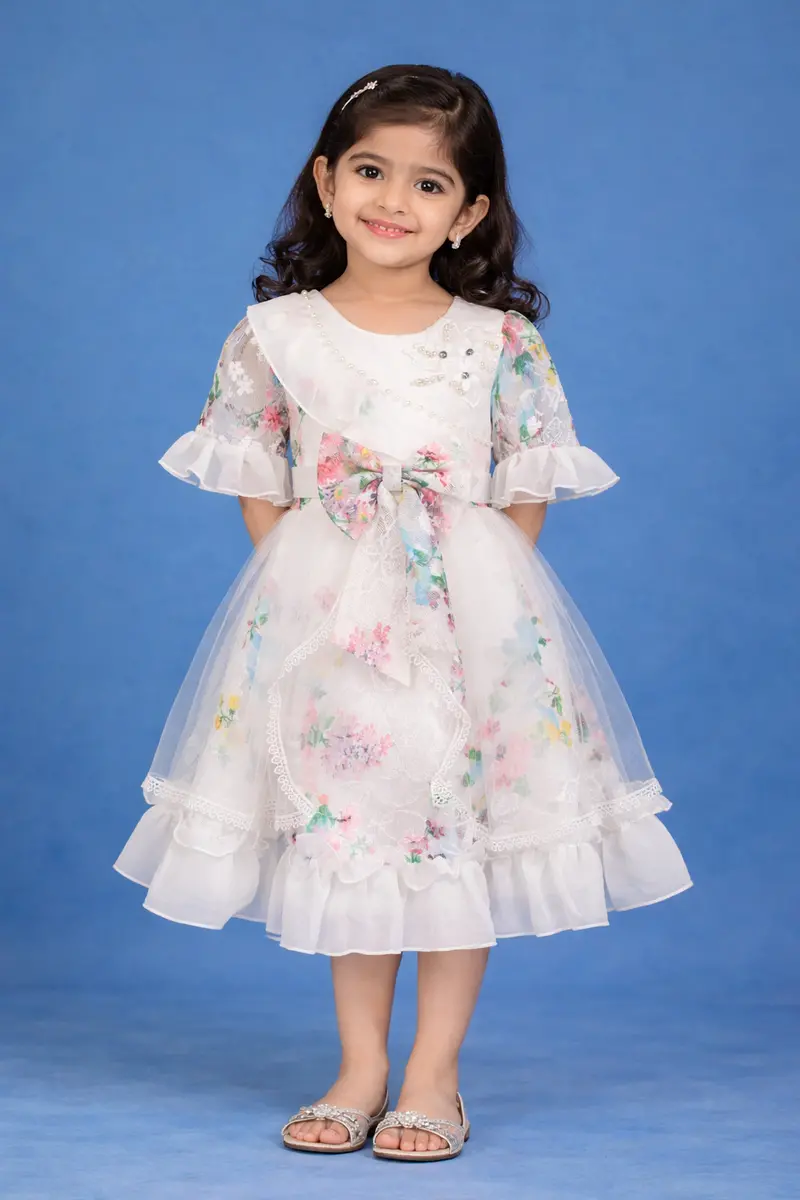 White Floral Design Net Kids Frock 1