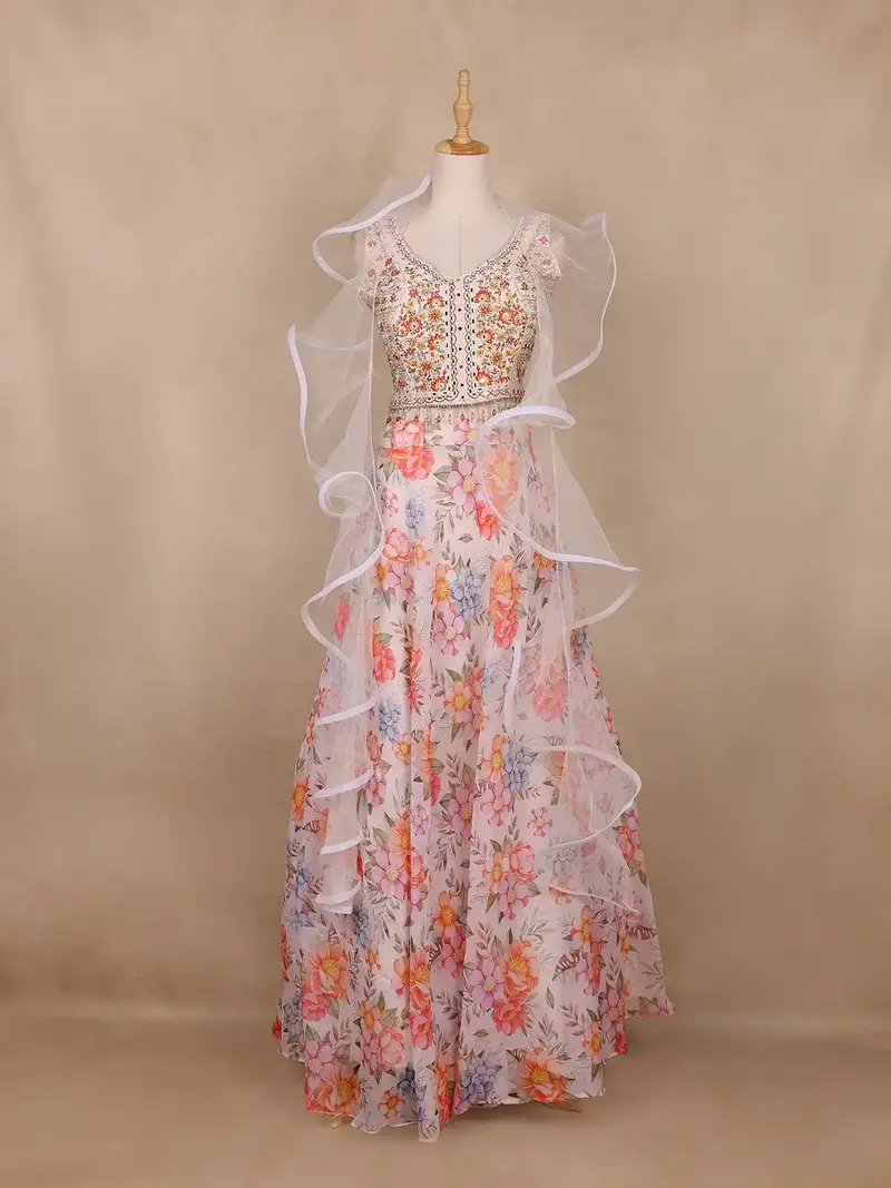 White Floral Design Organza Lehenga 1