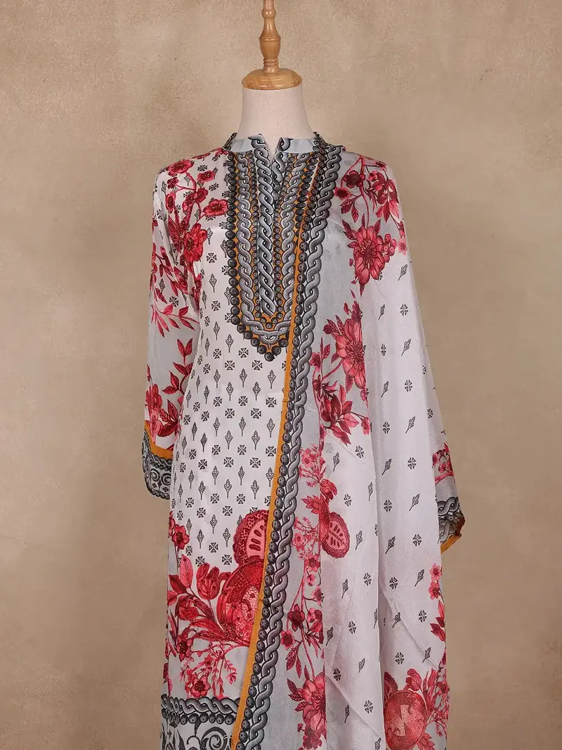 White Floral Design Synthetic Salwar Suit 2