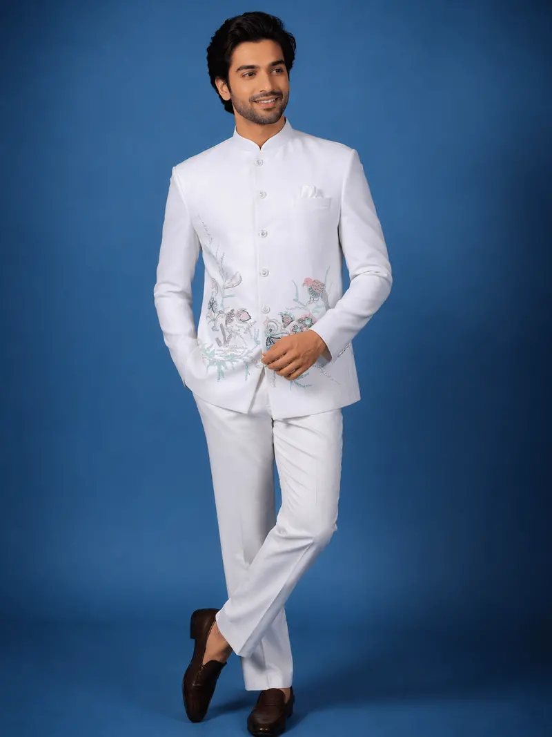 White Floral Designed Jodhpuri Men's Suit 1
