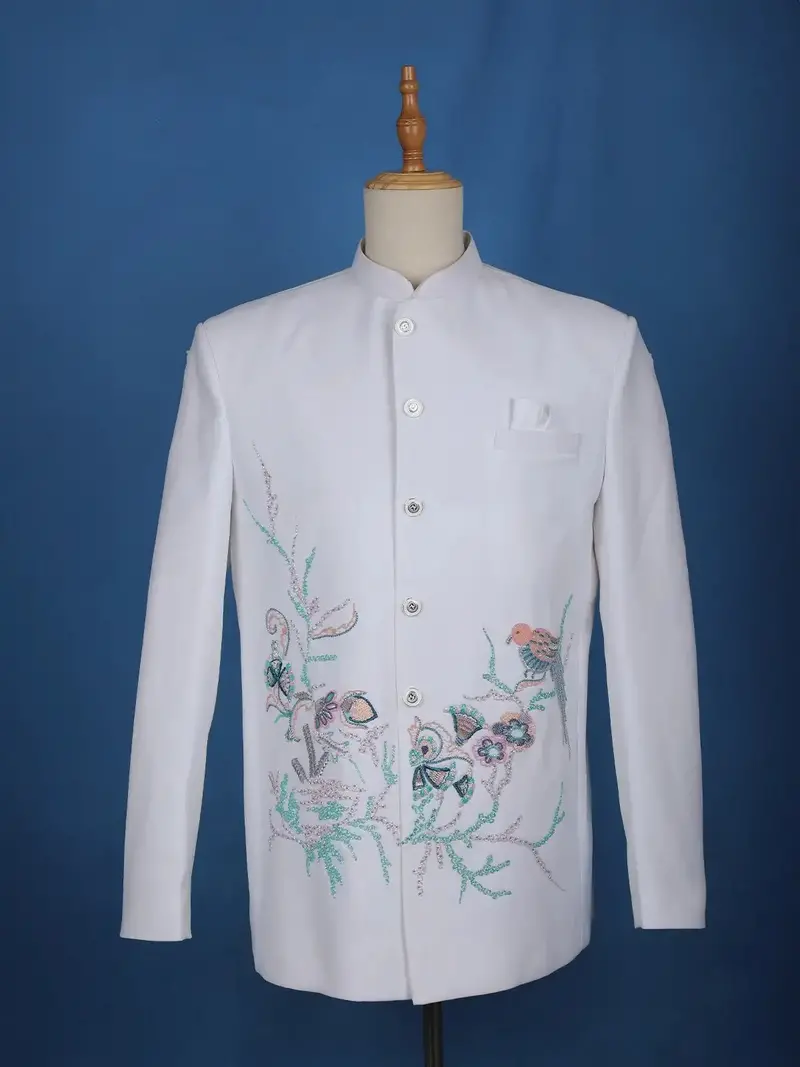 White Floral Designed Jodhpuri Men's Suit 2