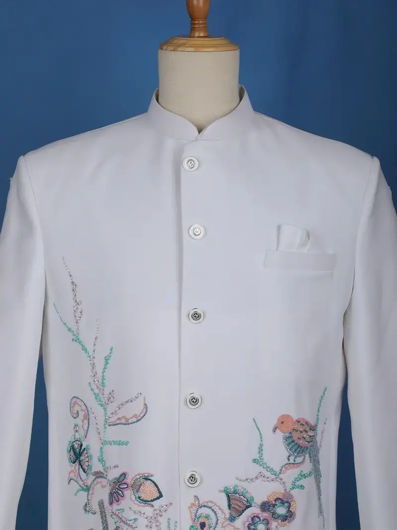 White Floral Designed Jodhpuri Men's Suit 3