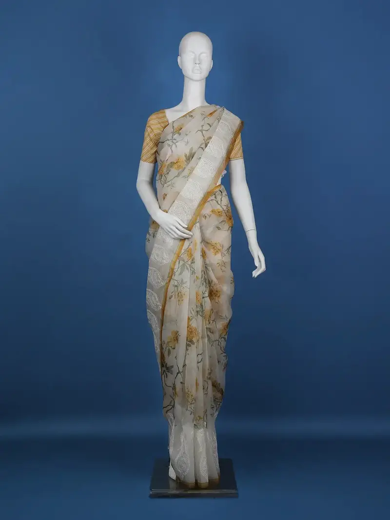 White Floral Designed Organza Designer Saree 1