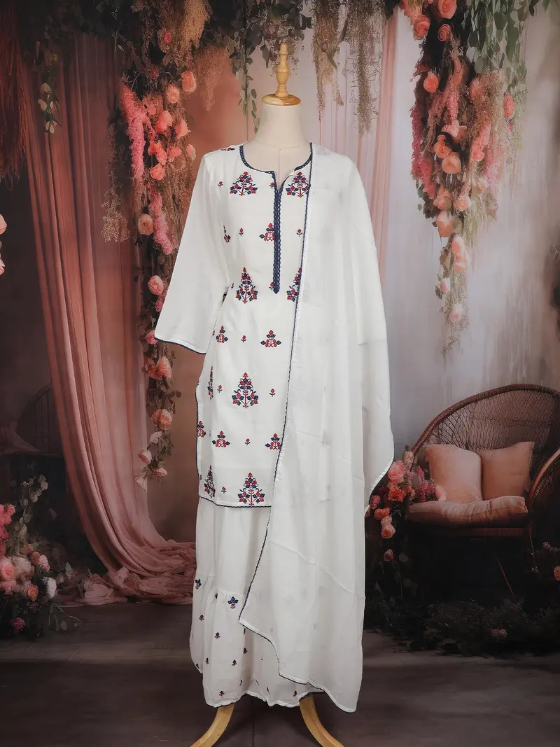 White Floral Embroidered Cotton Sharara Suit With Dupatta 1