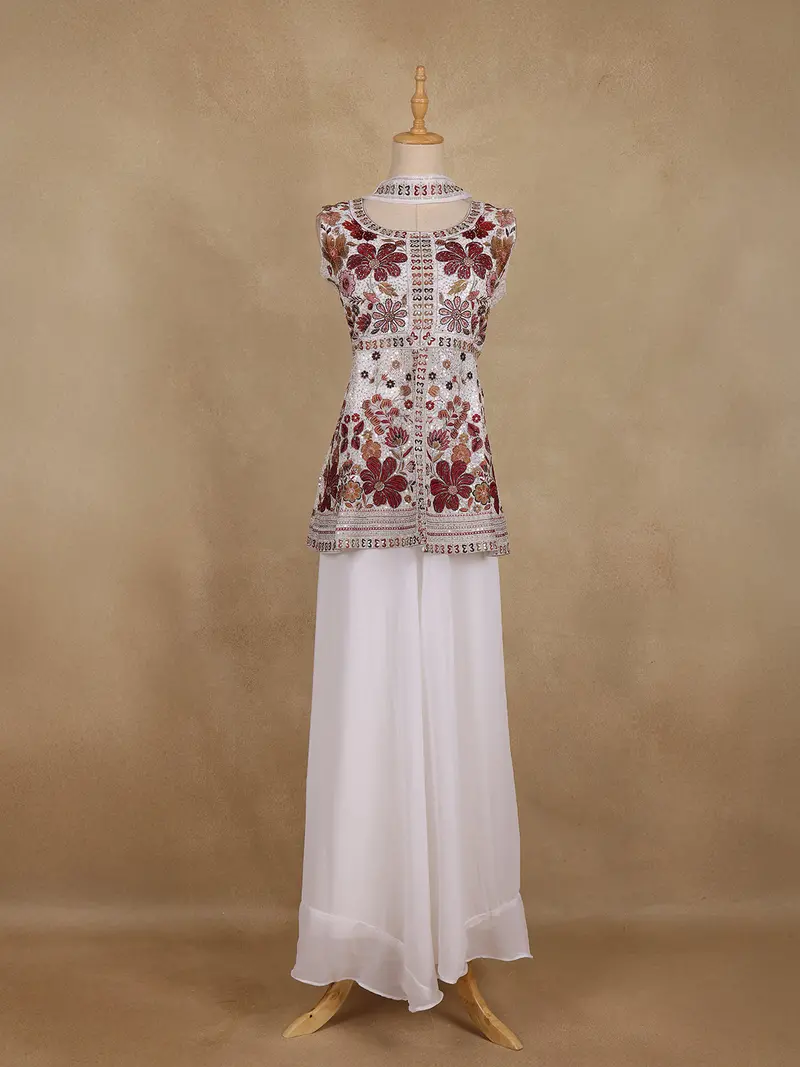 White Floral Embroidered Design Georgette Palazzo Suit With Dupatta 1