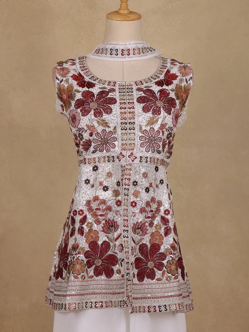 White Floral Embroidered Design Georgette Palazzo Suit With Dupatta 2