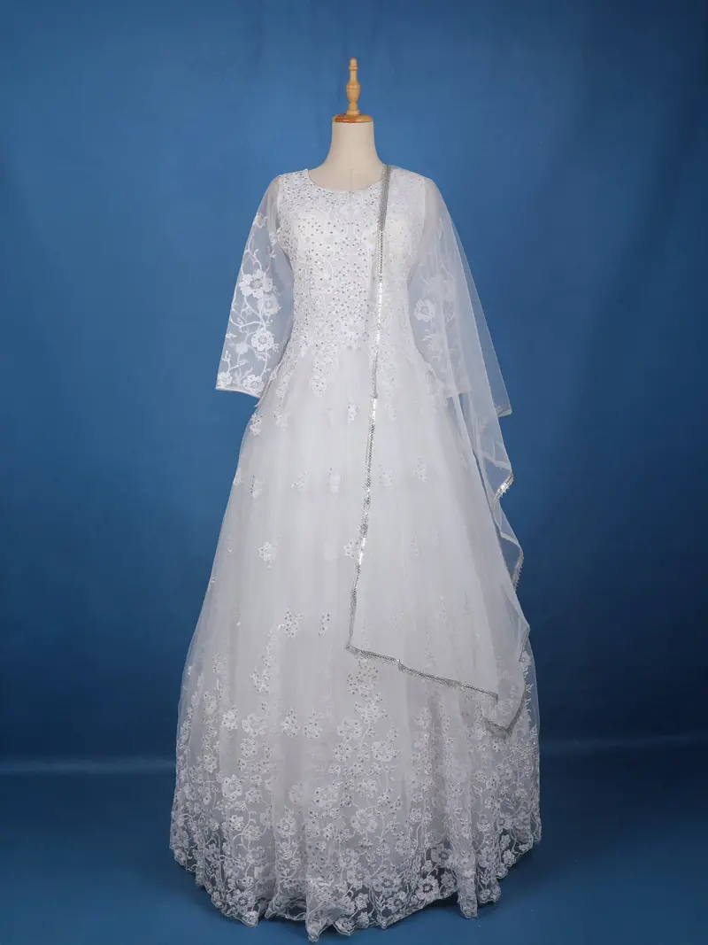 White Floral Embroidered Design Net Gown 1