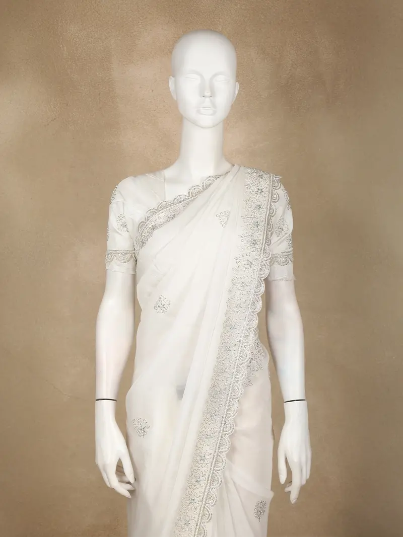 White Floral Embroidered Georgette Saree With Scalloped Border 2