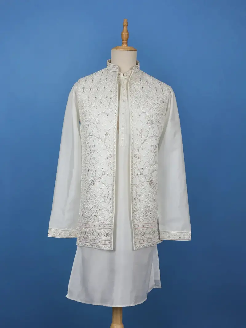 White Floral Embroidered Polyester Sherwani Suit 1