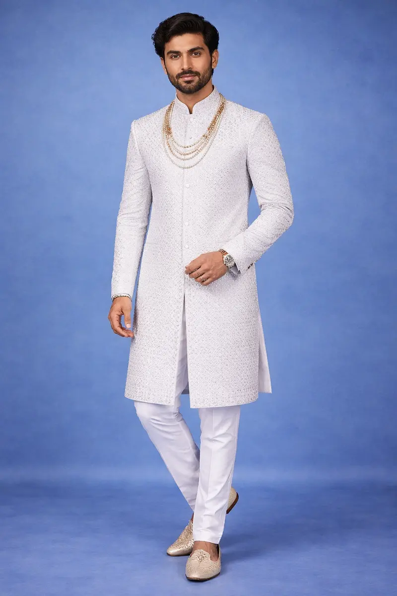 White Floral Embroidered Polyester Sherwani Suit 1