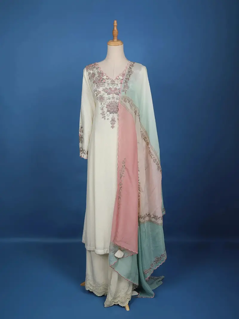 White Floral Embroidery Cotton Palazzo Salwar Suit 1