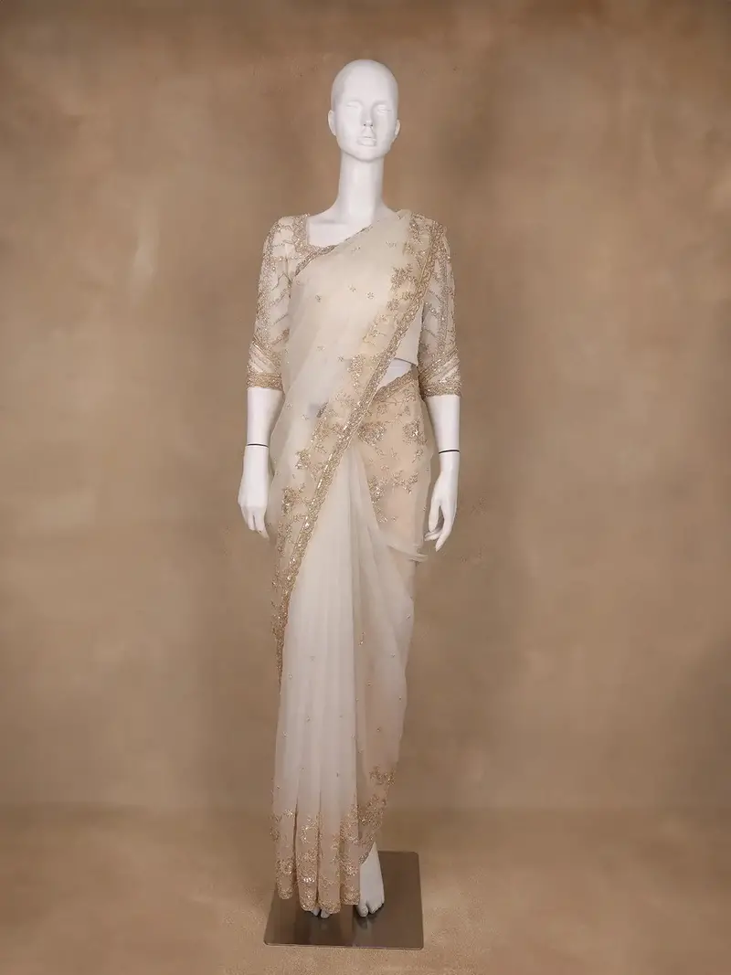 White Floral Embroidery Organza Designer Saree 2