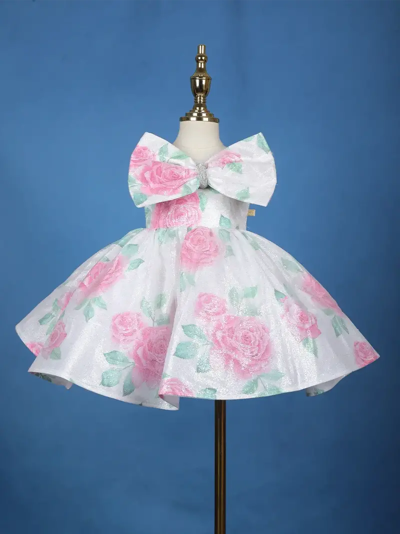 White Floral Glitter Embellished Party Net Frock With Oversized Bow 1