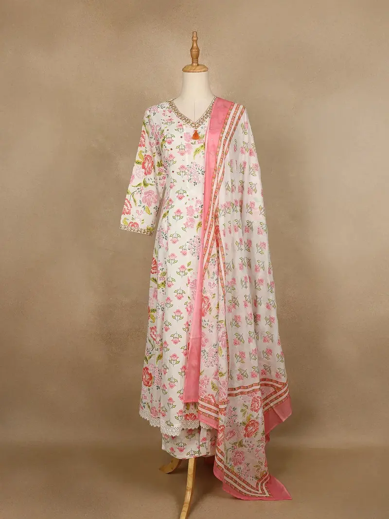 White Floral Print Cotton Straight Cut Salwar Suit 1