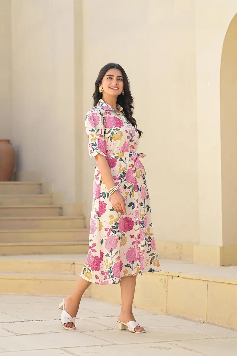 White Floral Printed Cotton Kurti 1