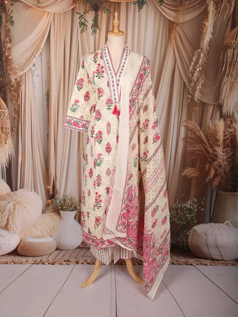 White Floral Printed Cotton Palazzo Suit With Printed Dupatta 1