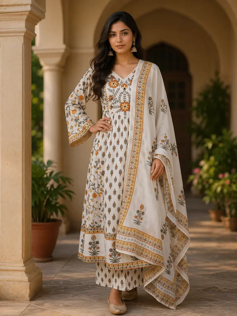 White Floral Printed Cotton Salwar Suit 1