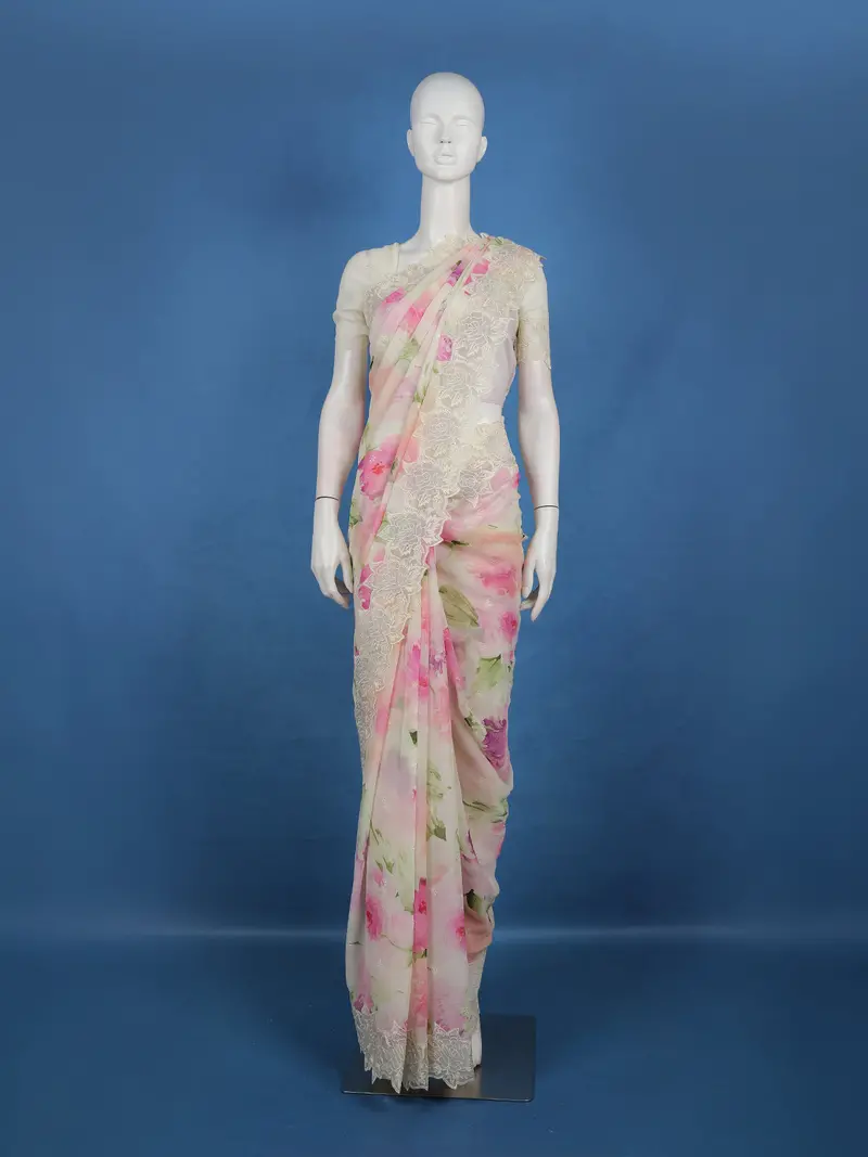 White Floral Printed Georgette Saree 1
