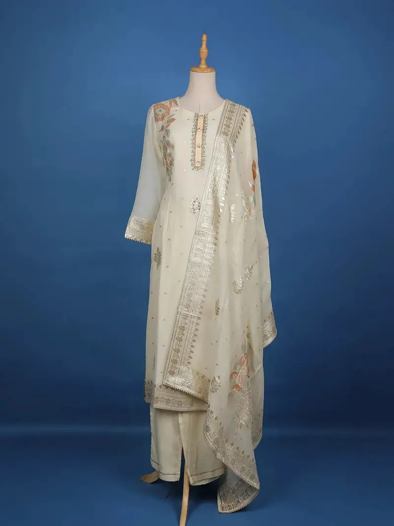 White Floral Printed Raw Silk Straight Cut Salwar Suit 1