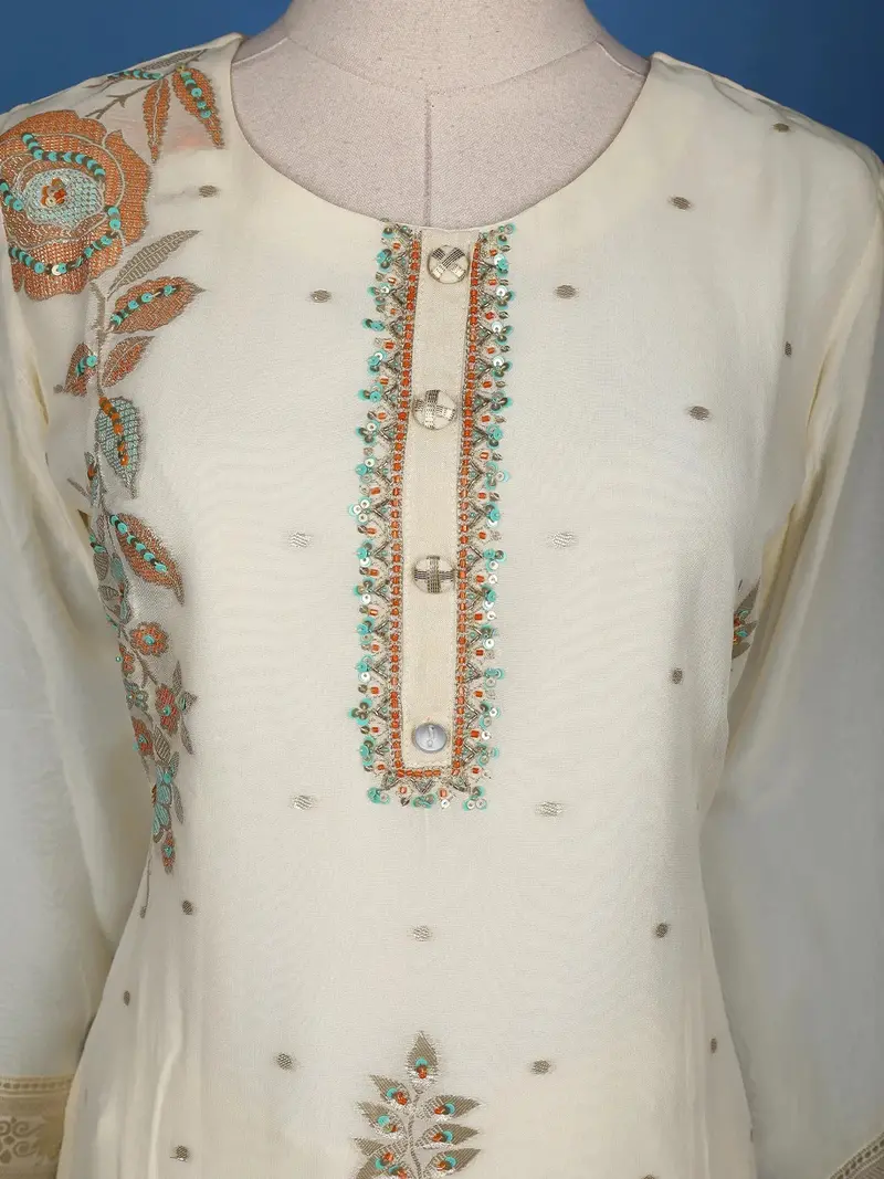 White Floral Printed Raw Silk Straight Cut Salwar Suit 2