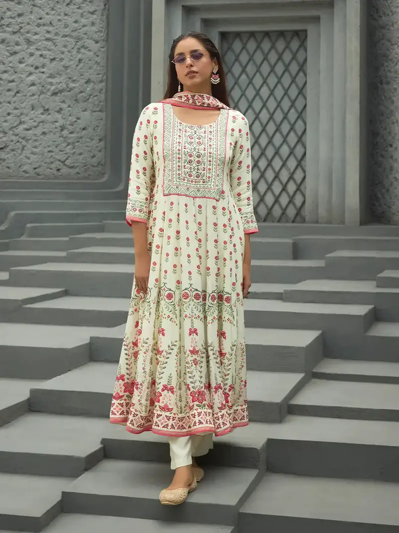 White Floral Printed Synthetic Salwar Suit 1