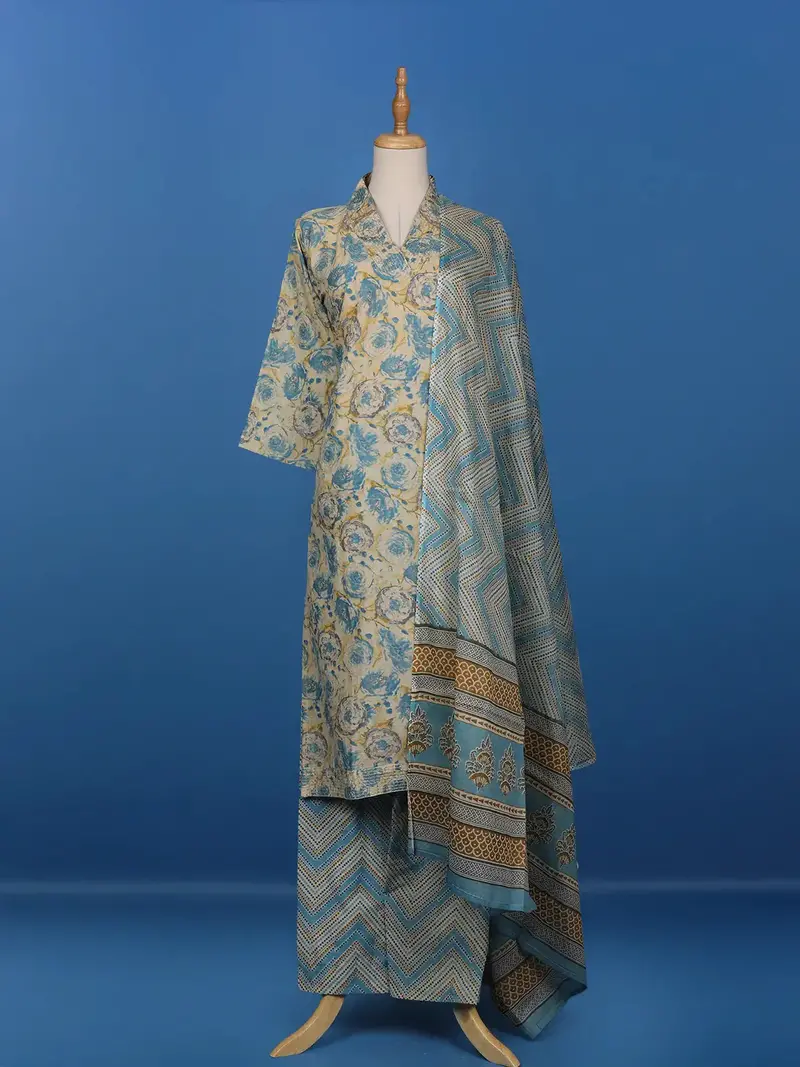 White Floral Prints Cotton Straight Cut Salwar Suit 1