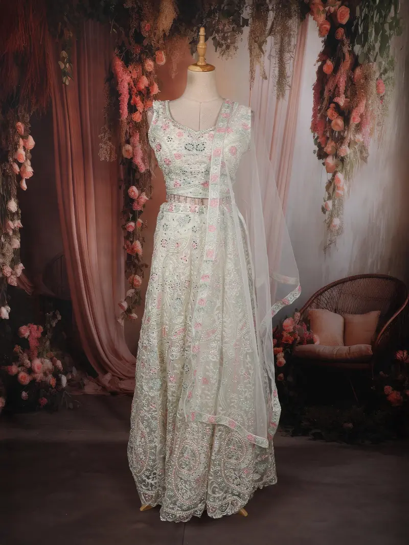 White Floral Thread And Beads Embroidered Design Net Lehenga With Dupatta 1