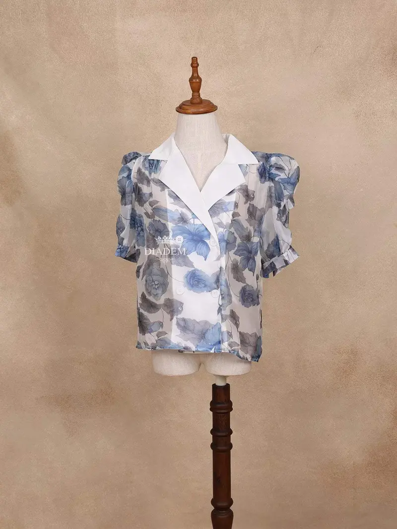 White Floral Top With Notch Fold Collar 1