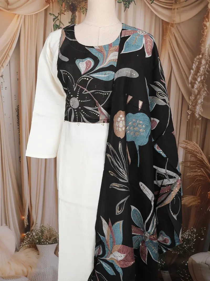 White Floral Woven Design Cotton Straight Cut Salwar Suit With Dupatta 2
