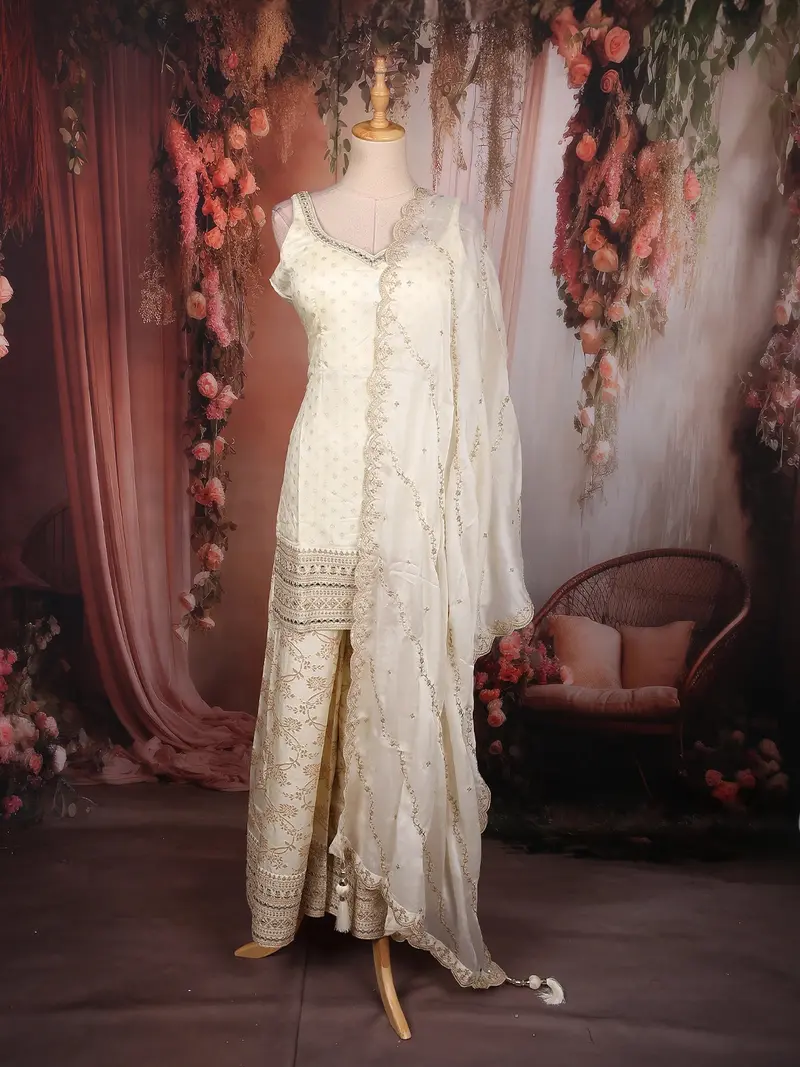 White Floral Zari Woven Design Chanderi Silk Palazzo Suit With Dupatta 1