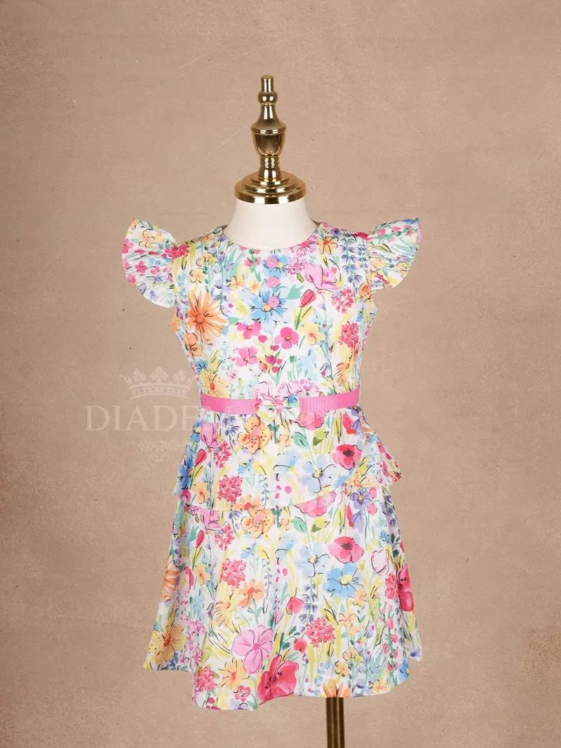 White Frock Adorned With Colorful Floral Designs And Cap Sleeve For Girls 1
