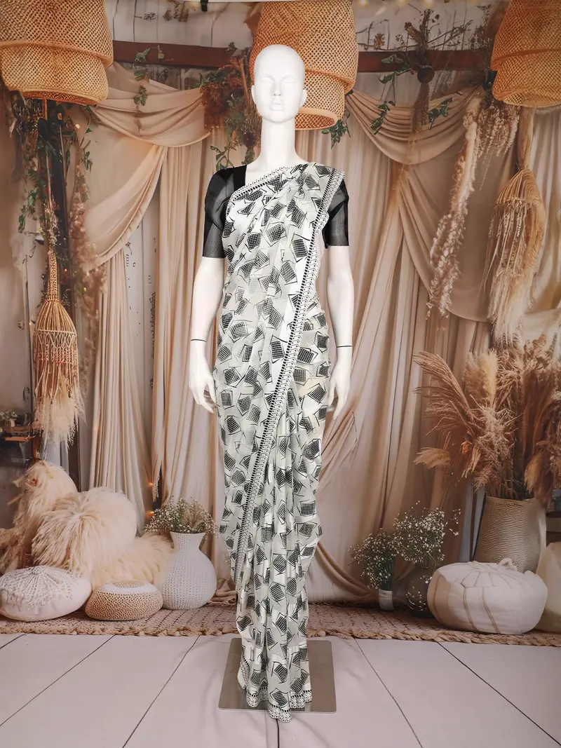 White Geometric Printed Chiffon Saree 1