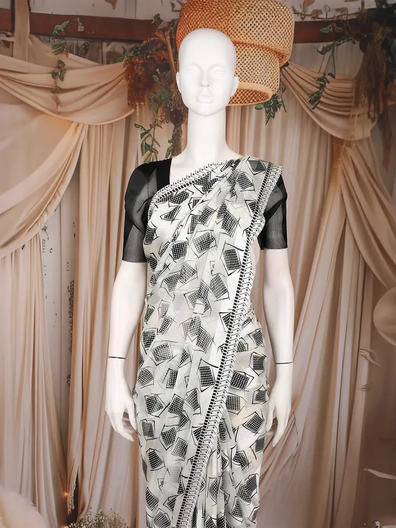 White Geometric Printed Chiffon Saree 2
